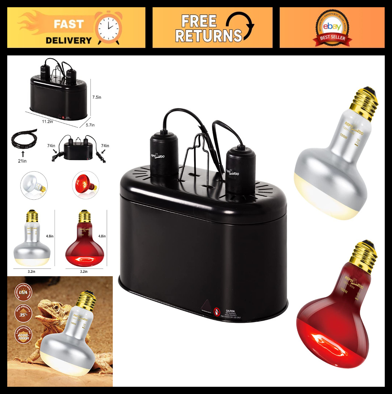 Dual Lamp Fixture for Reptiles - 100W UVA Daylight & Infrare