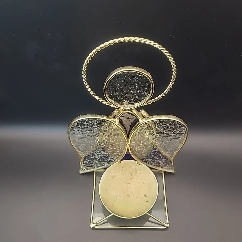 Stained Glass Angel Horn Trumpet Tealight Votive Candle Holder Blue & Gold Tone - Image 3 of 4