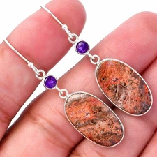 Natural Poppy Jasper & Amethyst 925 Sterling Silver Earrings Jewelry E-1002