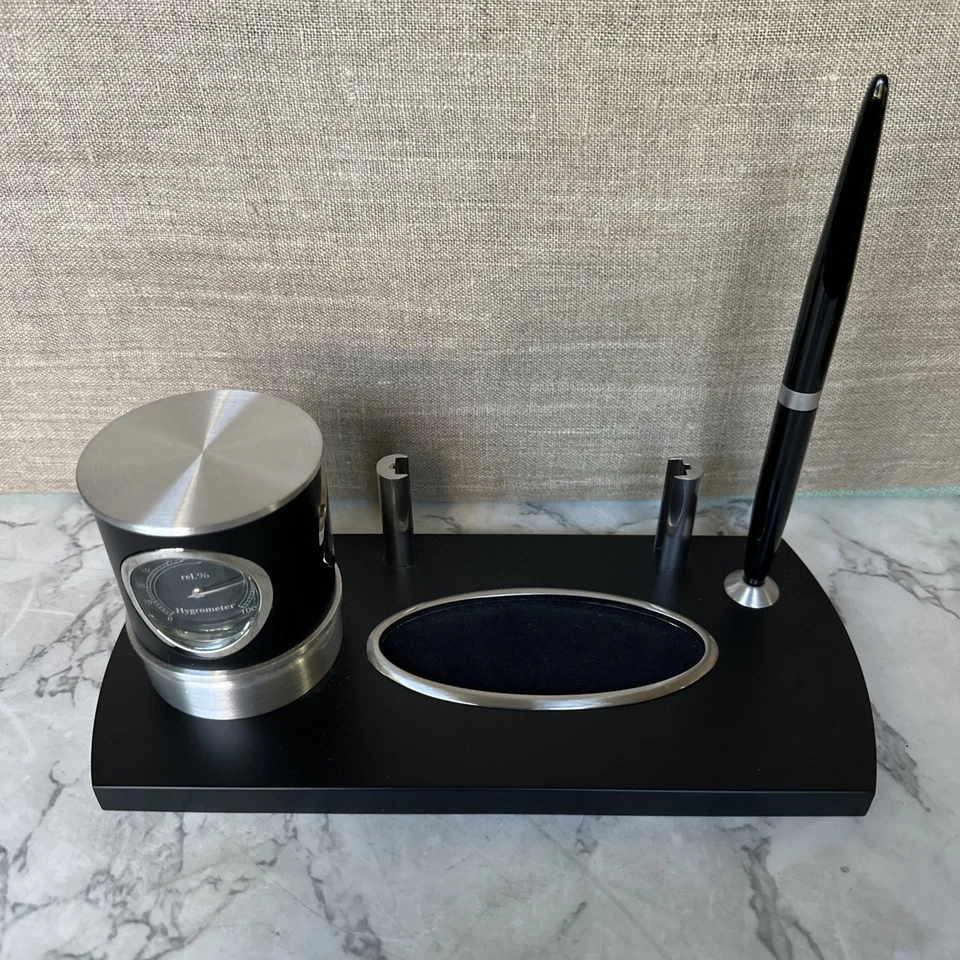 Movado Card Holder Rotating Clock Thermometer Hygrometer Pen Desk Set W/ Box - Image 2 of 4