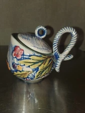 Hull USA Vintage 1955 Art Pottery Floral Blue & White Sugar Bowl & Lid T16