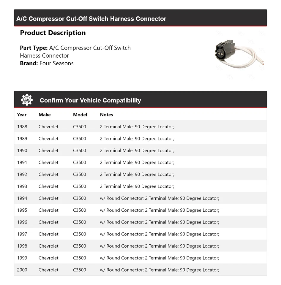 1988-00 Chevrolet C3500 AC Compressor Cut-Off Switch Harness Connector 4 Seasons - Image 2 of 4