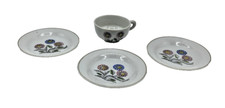 Vtg Miniature Tea Cup Saucers Lot of 4 Japan Pink Purple Flowers Gold Rim