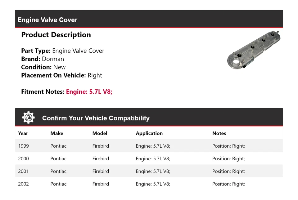 For 1999-2002 Pontiac Firebird 5.7L V8 Dorman Engine Valve Cover Right 2000 - Image 2 of 4