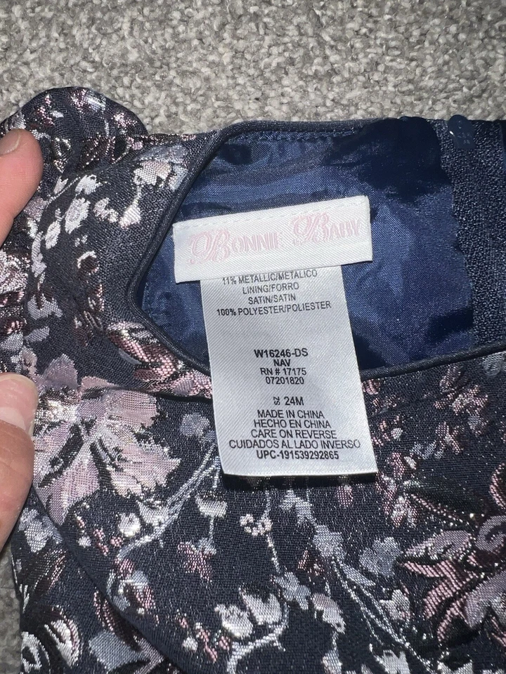 Bonnie Baby Formal Holiday Navy w/Pink & Silver Floral Dress 24 Months - Image 4 of 4