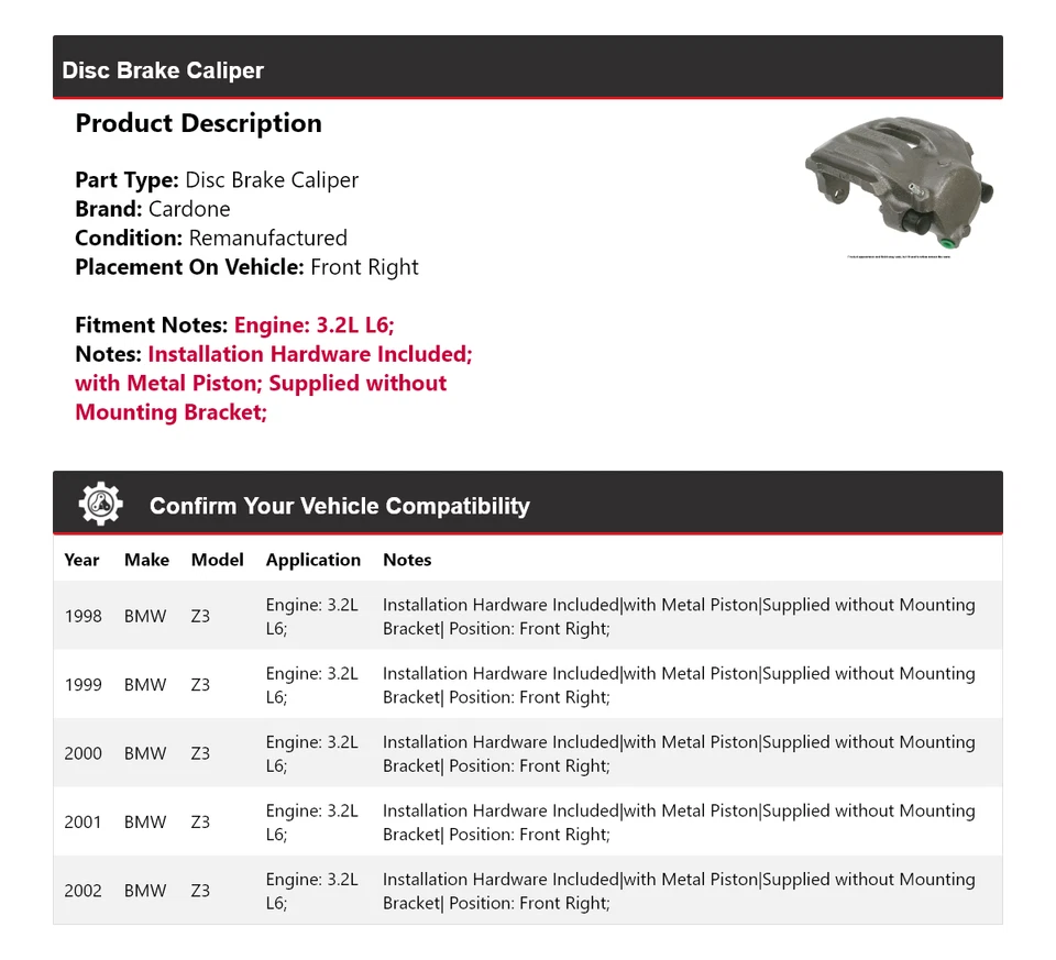 Pinza de freno de disco delantera derecha cardone 1999 2000 para BMW Z3 1998-2002 3,2 L L6 Foto 2 de 4
