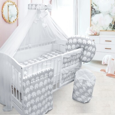 Babybett Bettwäsche Set 14-teilig passend für Kinderbett 120x60cm Elefanten grau