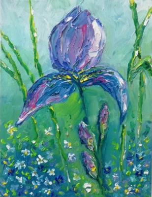 Iris Violett Blumen Abstrakt Ölgemälde.Lila Blumen auf Feld.Ohne Rahmen.19x15 cm - Bild 1 von 4