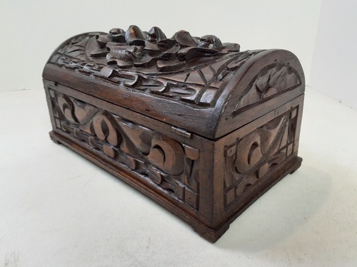 Antique Hand Carved Wooden Casket Domed Trinket Jewelry Box 11" with Hinged Lid - Picture 10 of 17
