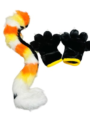 Furry Cat Paws Gloves Black Yellow W/Candy Corn Long Twisty Tail Handmade OOAK