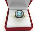 Ema signed Solid 10k Yellow Gold Double Halo Style Blue Topaz Diamond Ring sz 7