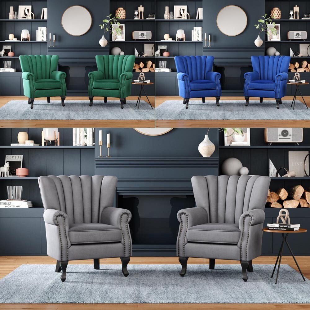 Velvet Scallop Shell Chair Wing Back Accent Armchair Occasional Sofa Wooden  Legs