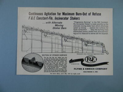 1963 F&E CONSTANT-FLO INCINERATOR STOKERS ''..MAXIMUM BURN-OUT..'' SALES ART AD