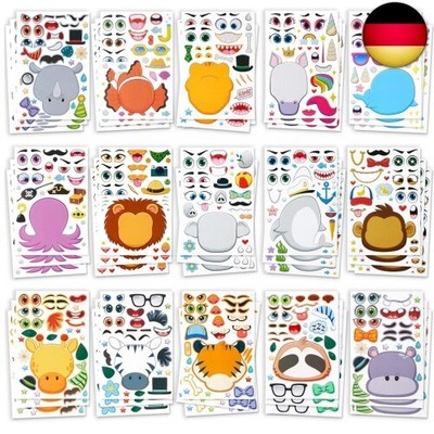 90 Stück Tier Aufkleber Make-a-face Aufkleberbögen, Eigene Tier-Mix- und M