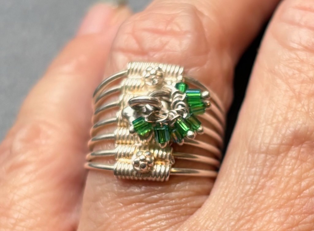 Silver stack wrap ring With moving green beads si… - image 1