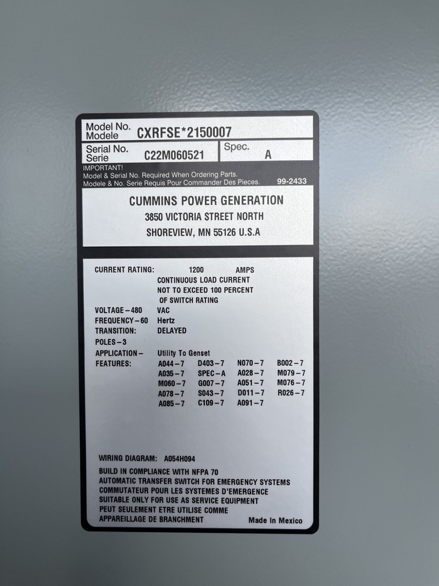 1200 Amp Cummins CXRFSE Automatic Transfer Switch - S/N