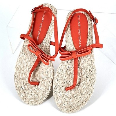 Stuart Weitzman Size 8.5 Orange Suede Raffia Thong Sandals NEW Espadrille Flat