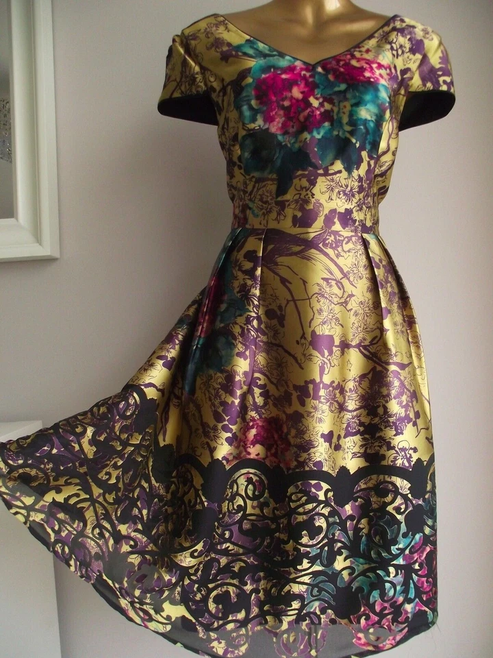 ✨ MONSOON CHARLOTTE Gold Purple Floral Fit Flare Special Evening Dress Size 22 - Image 3 of 4