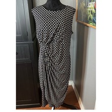 Enfocus Sheath Dress 18W Navy Blue Geometric Ruched Plus Stretch Office Career