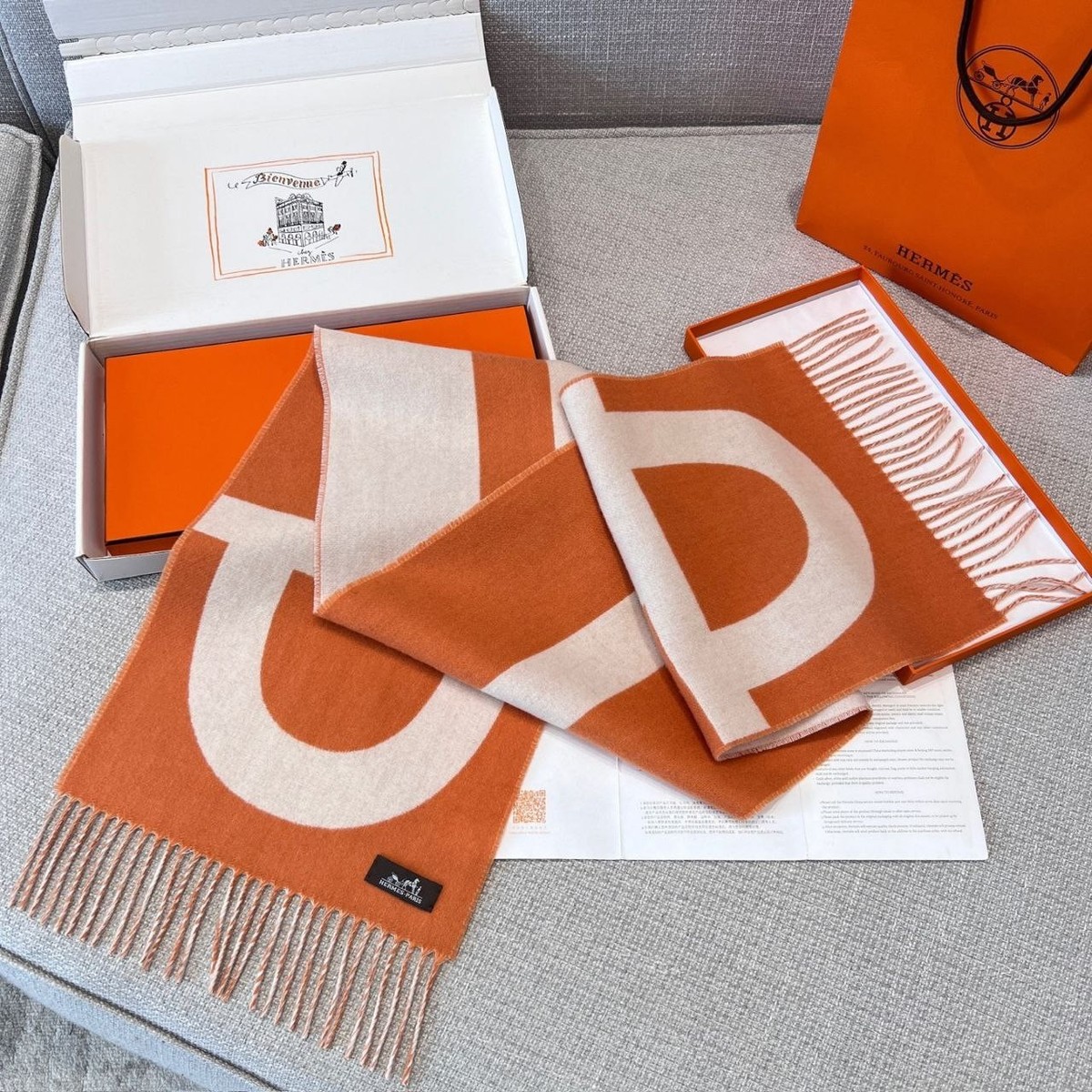 Hermès Cashmere Scarf 30x140 Orange Beige – Designer Luxury