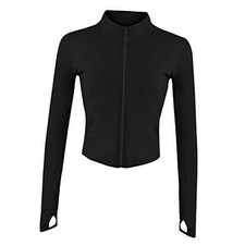 Women's Athletic Full Zip Lightweight Workout Jacket with Thumb Medium Black