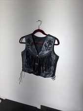 UNIK Vintage Black Leather Fringe Vest Women  s S Rose Cutout Western Biker Moto