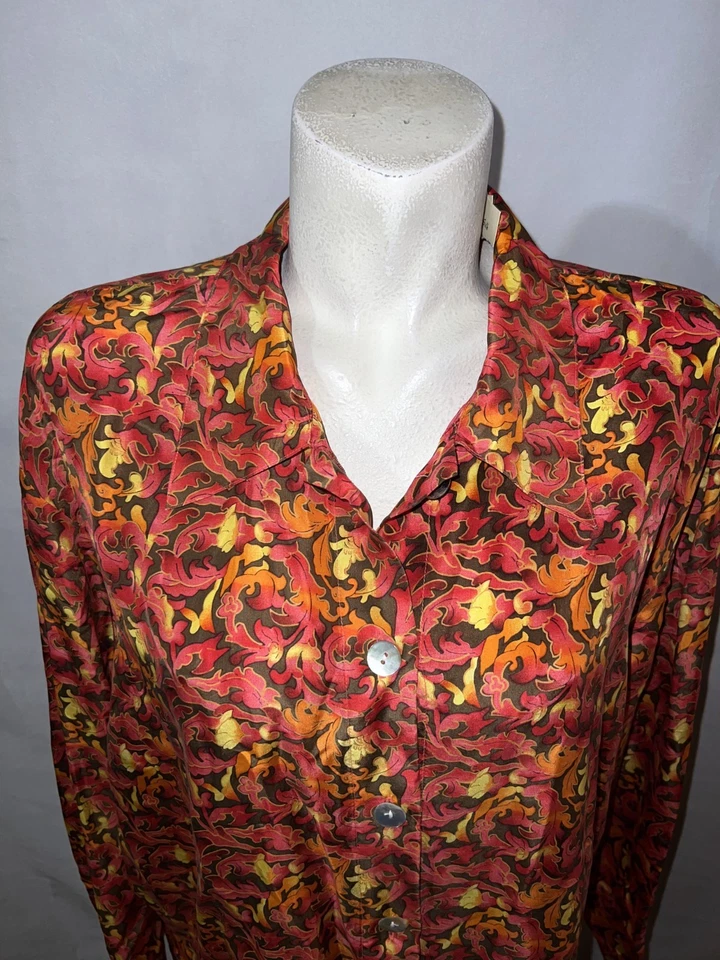 Blusa Melrose Silk Studio Top Mujer Talla 2X Marrón Naranja Rojo Seda Abotonada LS Foto 2 de 4