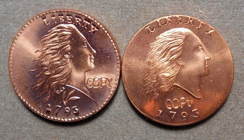 2 Early 1793 U.S. Cent Tributes. Copper, thick, 26 & 27mm, brilliant uncirculate