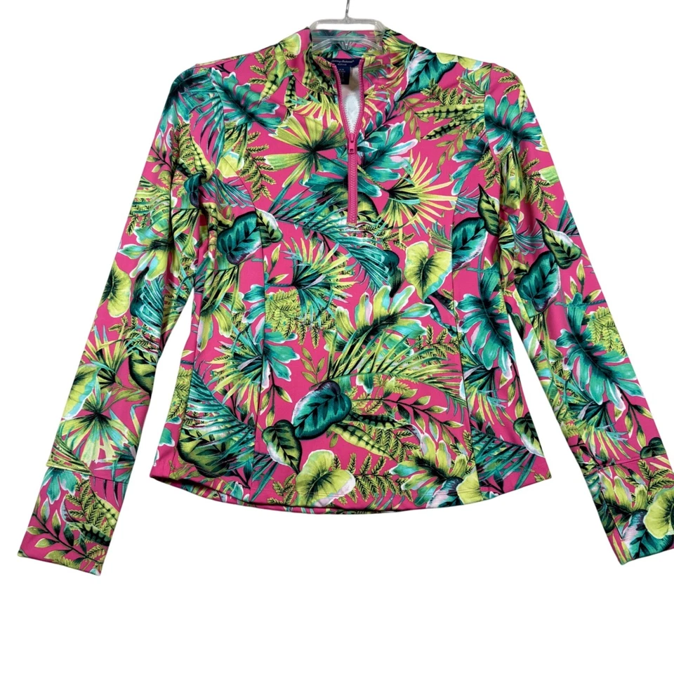 Pulôver feminino Tommy Bahama Active médio rosa verde floral meio zíper - Imagem 2 de 4