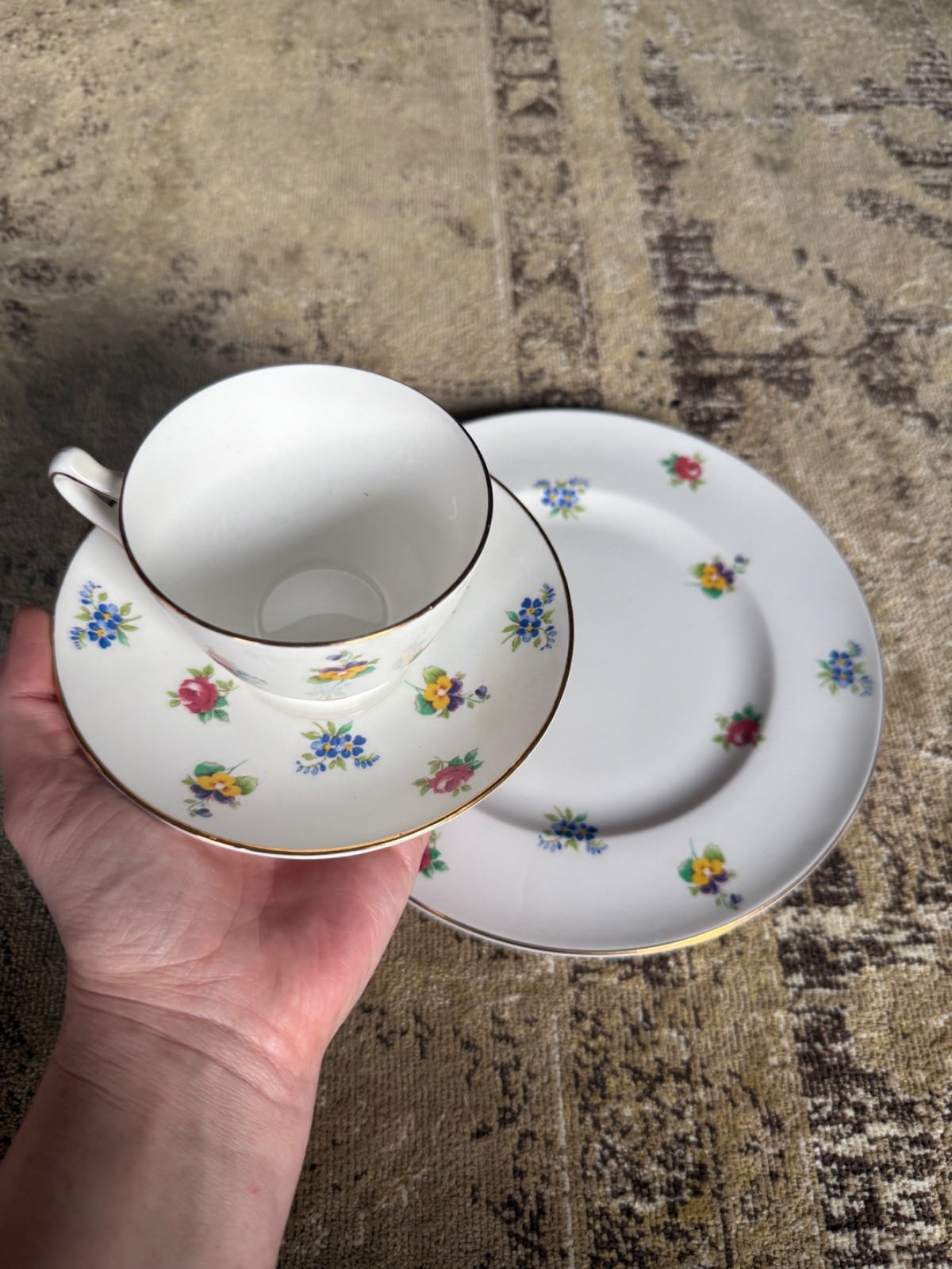 Crown Staffordshire Tea Cup Saucer Plate Floral Rose Pansy Teacup Trio Vintage