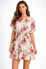 Misa Los Angeles Paulina Dress Size M Cream Pink Floral Ruffle Hem Draped Sleeve