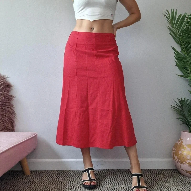 ewm red low rise panelled linen blend midi skirt 22 plus size summer boho