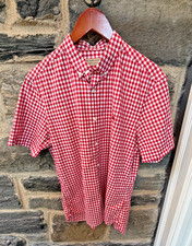  550 Burberry London Men's Red /white check button down short sleeve shirt Large