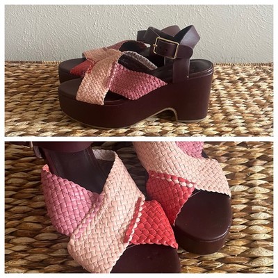 Charlotte Stone Platform Sandals Woven Leather Heels Pink Red 8