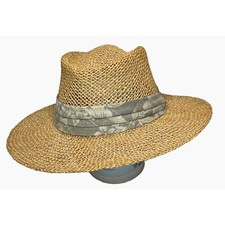 Paper Straw Hat Beach Vacation Sun with Sage  Cream Fabric Band