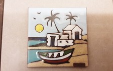 Vintage Lanzarote Spain Tile Signed by  Modelcor  - Scene with a boat.