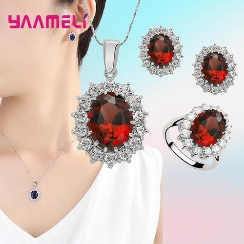 925 Silver Wedding Jewelry Set Women Oval Flower Cz Crystal Engagement - Picture 25 of 26