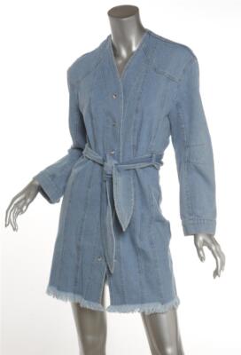 NANUSHKA Iris Blue Denim V-Neck Raw-Hem Belted Knee-Length Jacket Dress S NEW