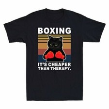 Black Cat Boxing It's Cheaper Than Therapy Funny Retro Vintage Men's T Shirt Tee