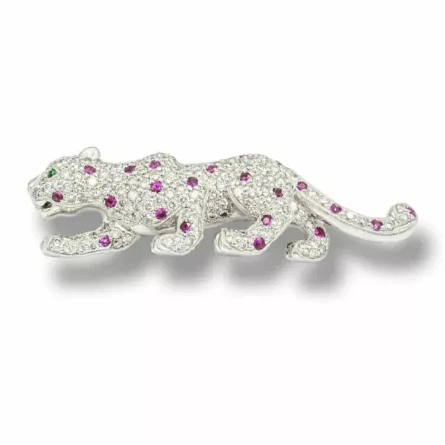 Broche prendedor pantera rubí rosa simulado corte redondo de 2,89 quilates chapado en oro blanco de 14 k Foto 4 de 4