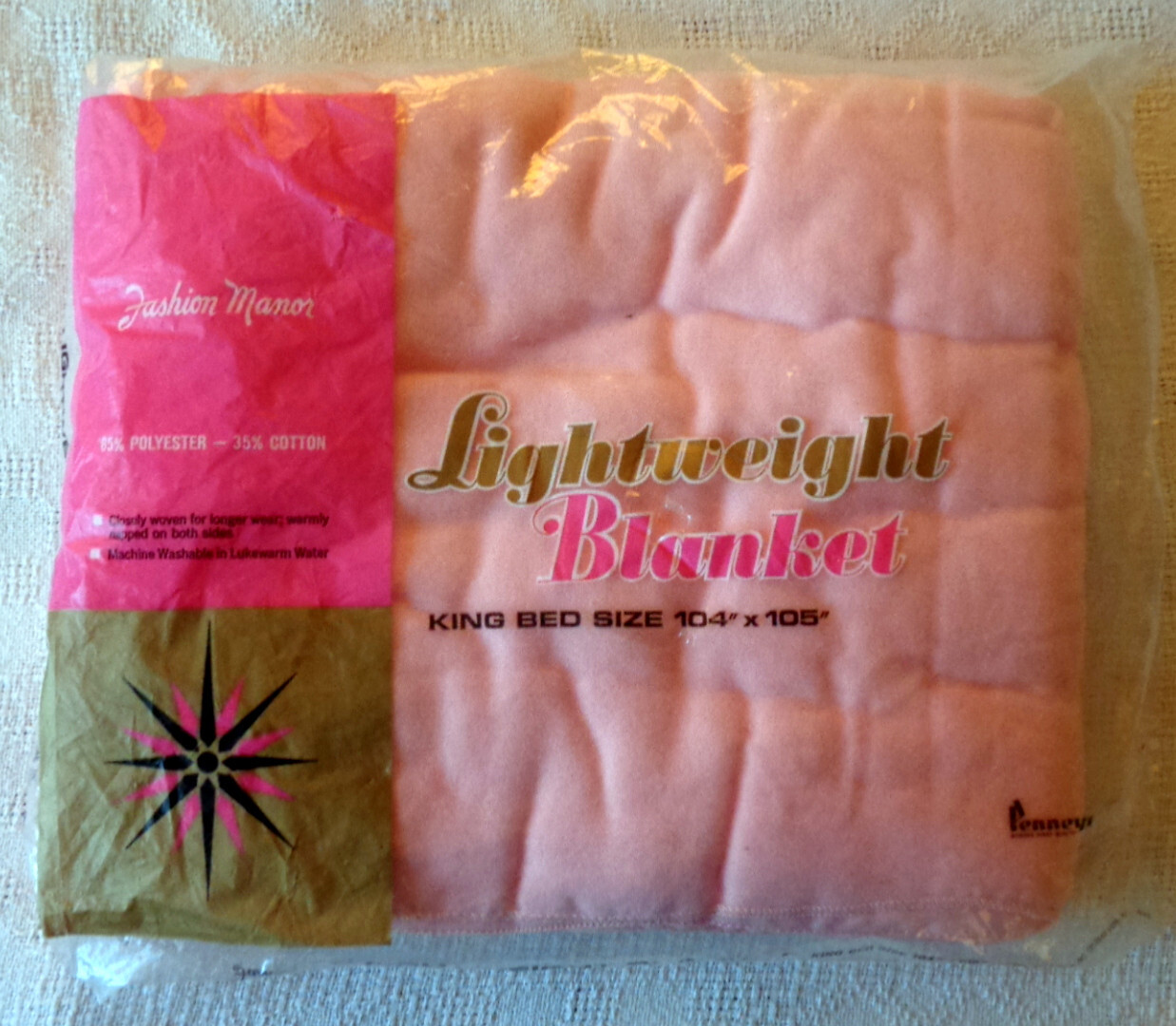 NIP Vintage JCPenney FASHION MANOR Lightweight KING SZ Blanket 104" x