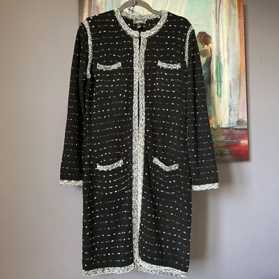 Neiman Marcus  M Women's Black White Open Front Cardigan Sweater Long Pocket EUC