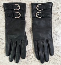 New Women's Double Buckle Black Leather Gloves Small S