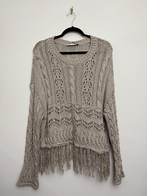 Zara Pullover Fringe Sweater Size XL Tan Cable Knit Cropped Womens