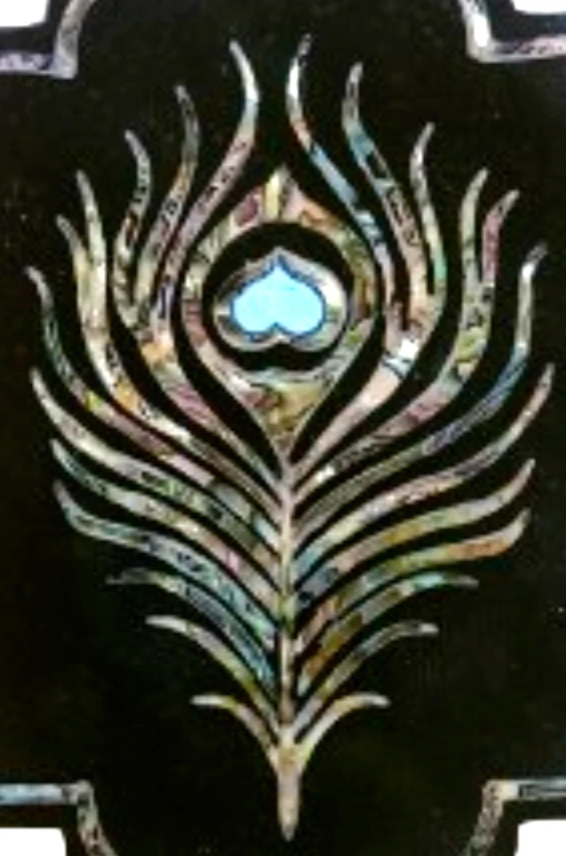 6" Black Marble  Abalone Shell Peacock Feather Work Tile Inlay Decorative, Gift. - Image 3 of 4