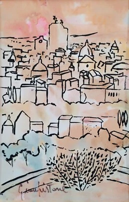 Moderne Mischtechnik Gemälde Malerei Rom Stadtlandschaft-Kuppeln signiert 1969 - Bild 1 von 4