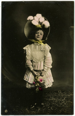 c 1907 Children Child Cute Little GIRL with TALL BONNET photo postcard