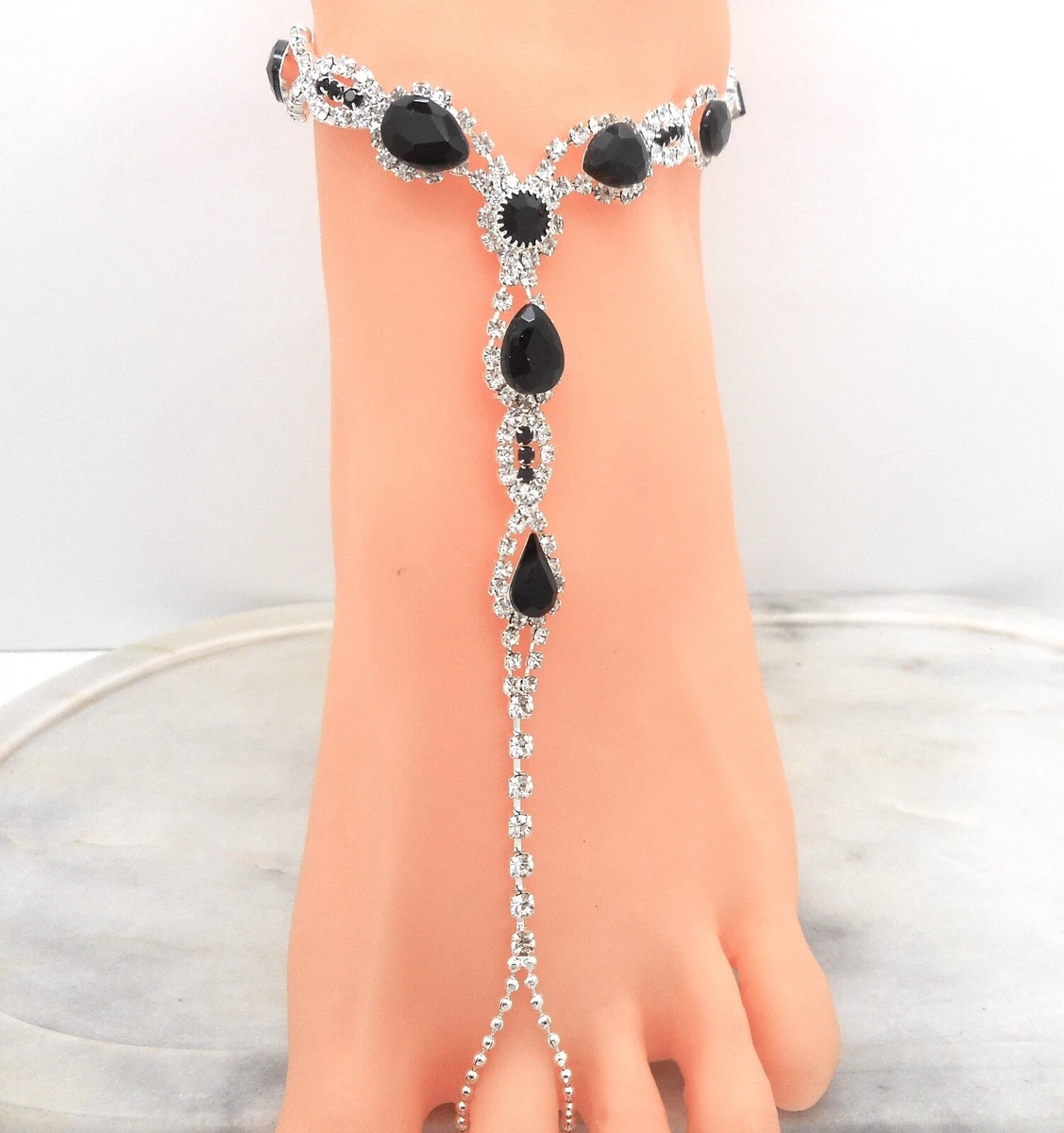 Slave Ankle Bracelet w Toe Ring Women Black Crystal Anklet NEW