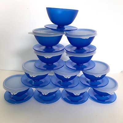12 Tupperware Blue Pudding Parfait Jello Dessert Cups 1986A & 11 753 Lids