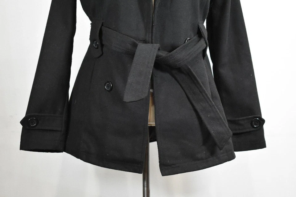 Jou Jou Womens Black Notch Lapel Casual Open Front Belted Peacoat Jacket L - Image 4 of 4